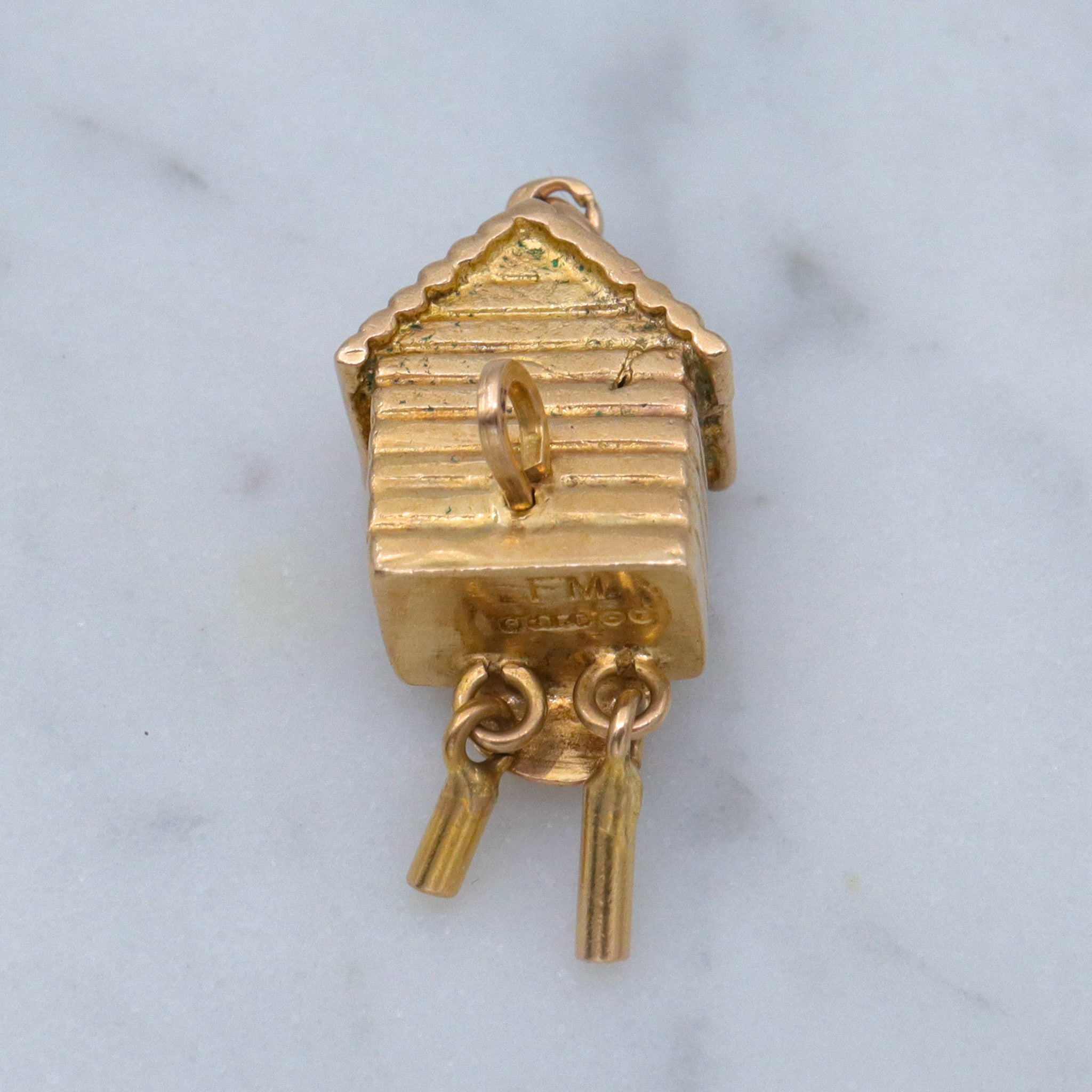 Vintage English 9k gold moving painted cuckoo clock charm pendant